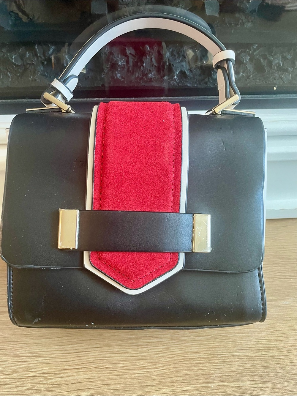 Zara Black Satchel with Red Suede Accent